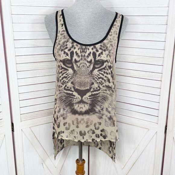 Wet Seal Leopard Face Print Sheer High Low Tank Top Shirt Tan Brown Small - Picture 1 of 10
